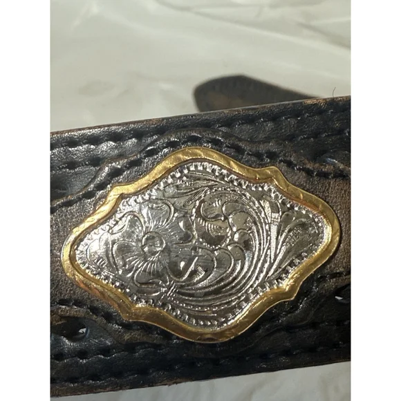 Double J Saddlery Belt Leather Western Belt Size 34 Silver gold trim